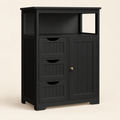 Black bathroom floor cabinet on warm beige background