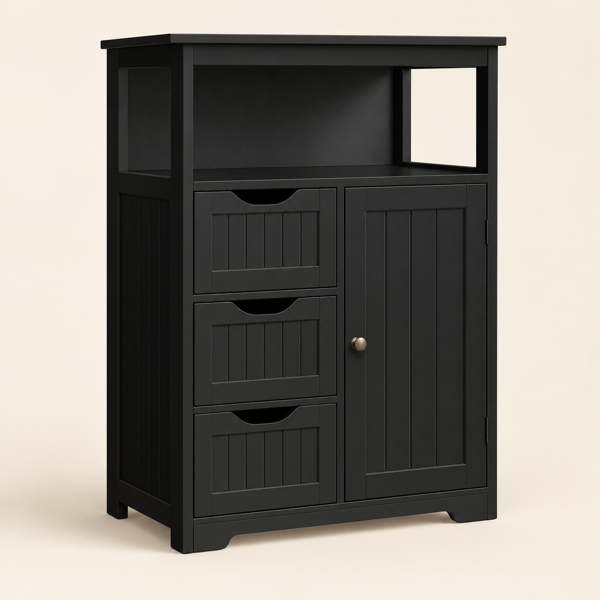 Black bathroom floor cabinet on warm beige background