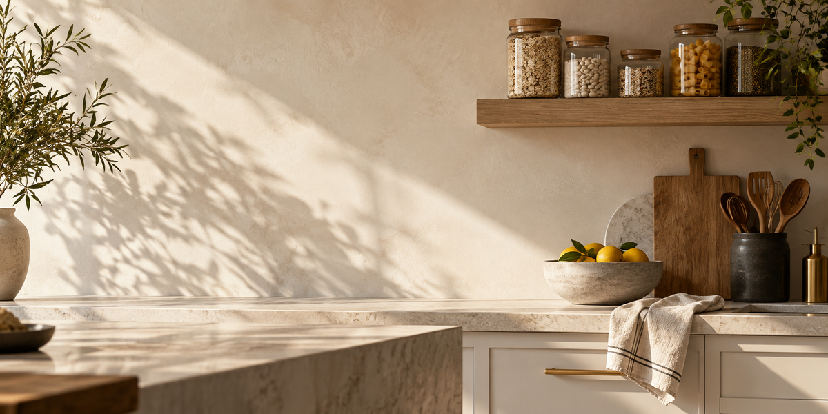 MAC’S kitchen styling concept with sunlight, linen and pantry jars.
