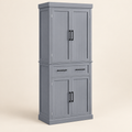 Tall grey pantry cupboard on warm beige background