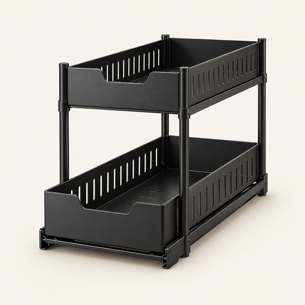 Black two-tier under sink organizer