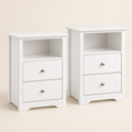 Set of two white side tables on warm beige background