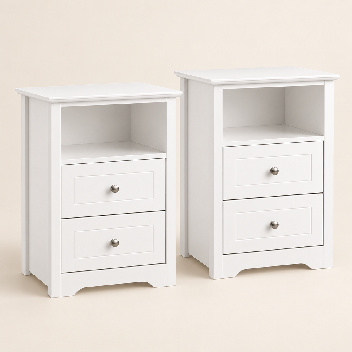 Set of two white side tables on warm beige background